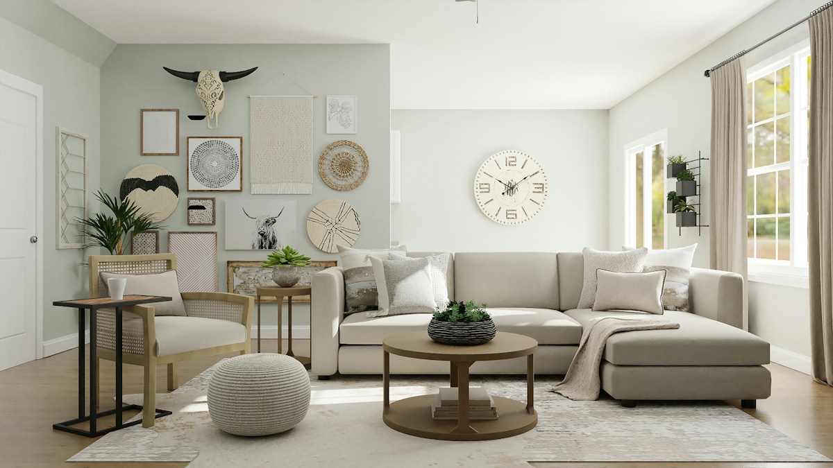 Neutral bedroom with a neatly made bed and bedside furnishings